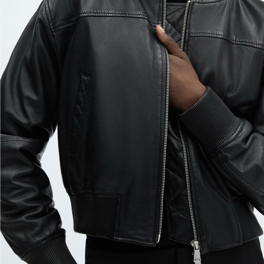 Mango Classic Black Leather Bomber Jacket - Picture 6 of 11